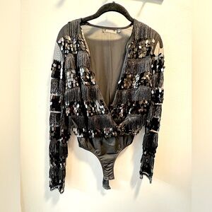 BLACK SEQUIN FRINGE BODYSUIT